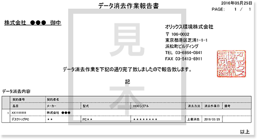 見本：データ消去作業報告書