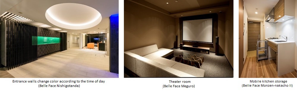 Entrance walls change color according to the time of day(Belle Face Nishigotanda),Theater room(Belle Face Meguro),Mobile kitchen storage(Belle Face Monzen-nakacho II)
