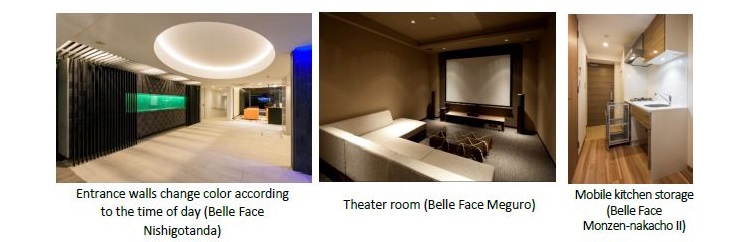 Entrance walls change color according to the time of day (Belle Face Nishigotanda), Theater room (Belle Face Meguro), Mobile kitchen storage (Belle Face 
Monzen-nakacho II)
